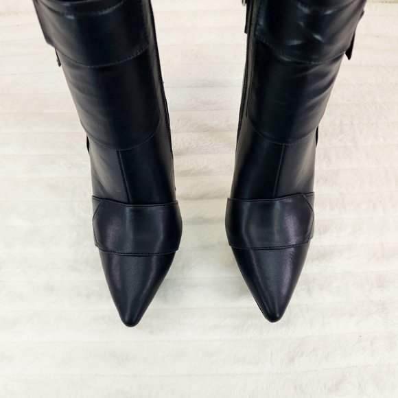 Kinder Pointy Toe Platform Stiletto Heel Ankle Boots Black Vegan Leather - Picture 5 of 9